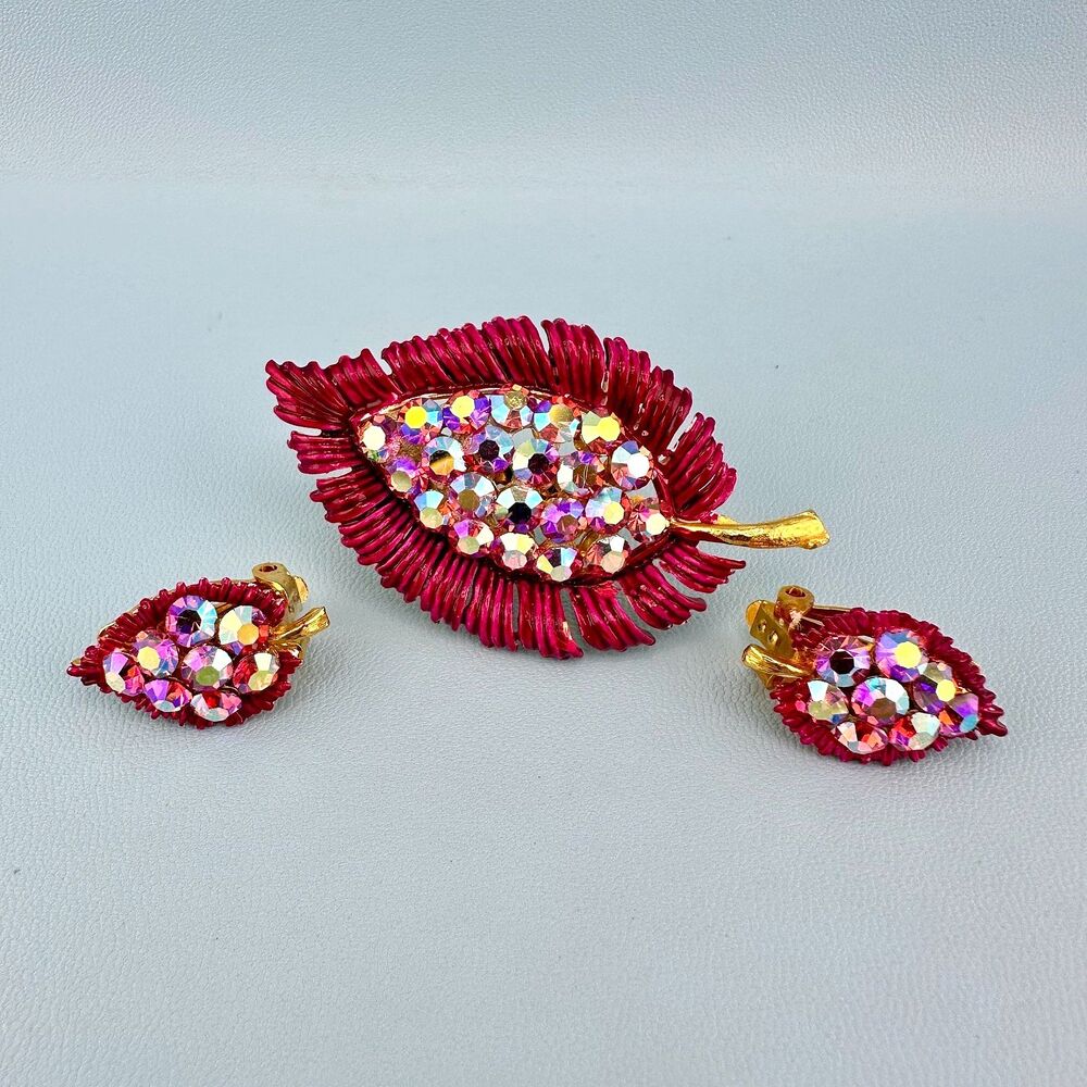 Vintage Magenta Pink AB Rhinestone Leaf Brooch Earrings Set Enamel Clip On